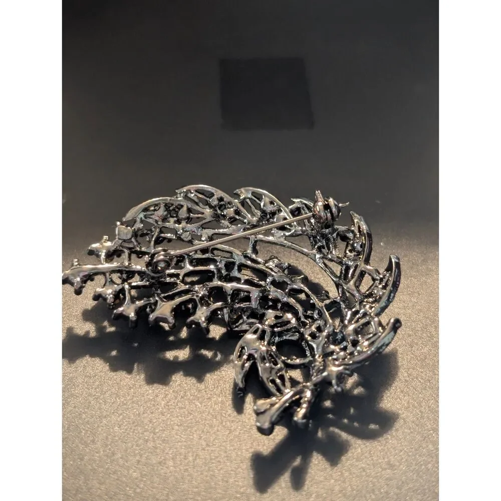 Vintage Aurora Borealis Rhinestone Floral Spray Brooch Gunmetal Statement Pin 2